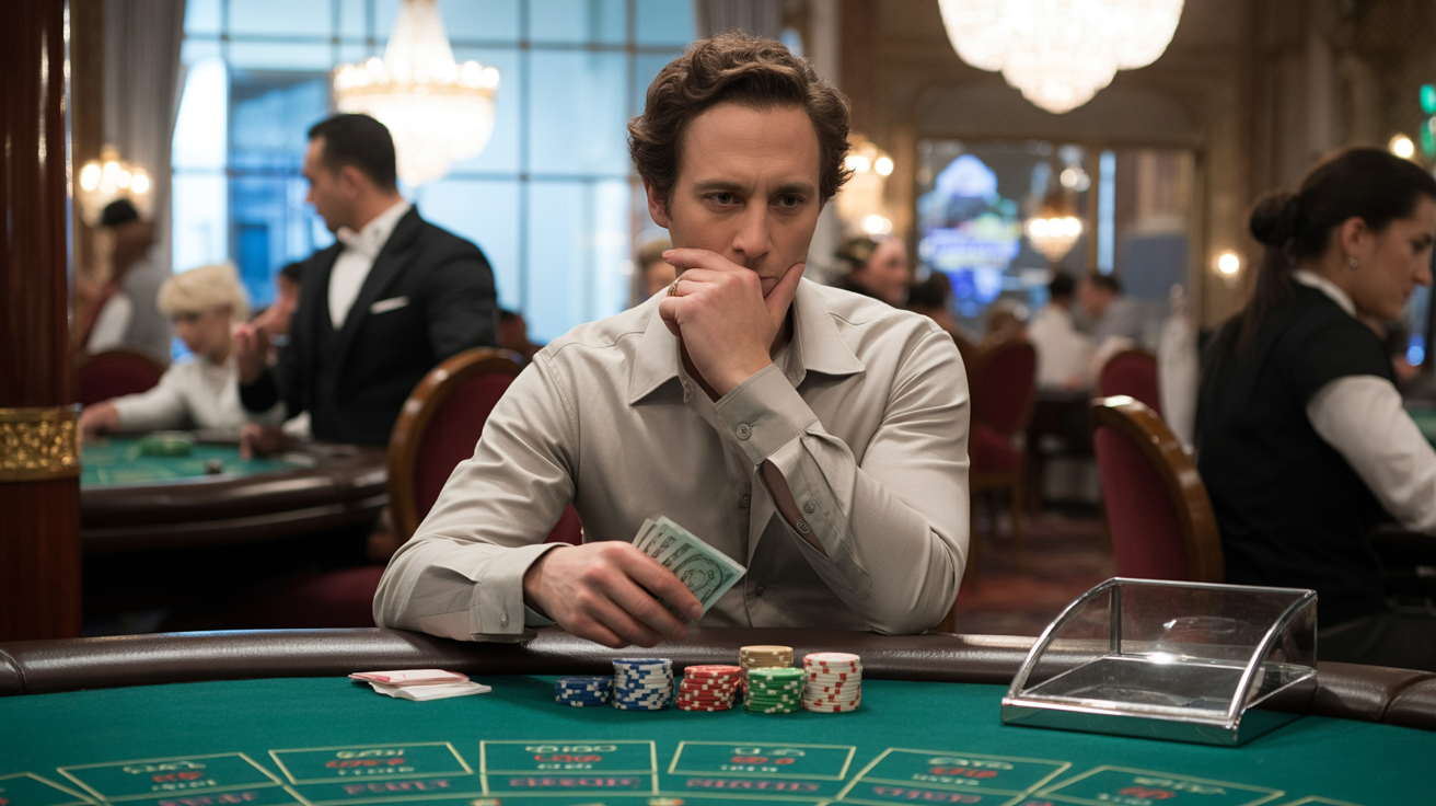 Scène réaliste dans un casino européen avec une personne comptant de l'argent avant de jouer, ambiance naturelle et authentique.