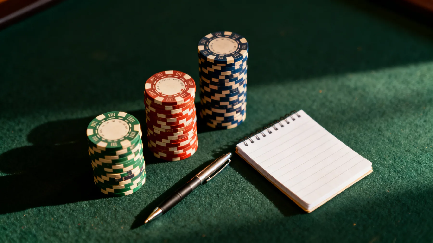 Trois piles de jetons sur un tapis vert
